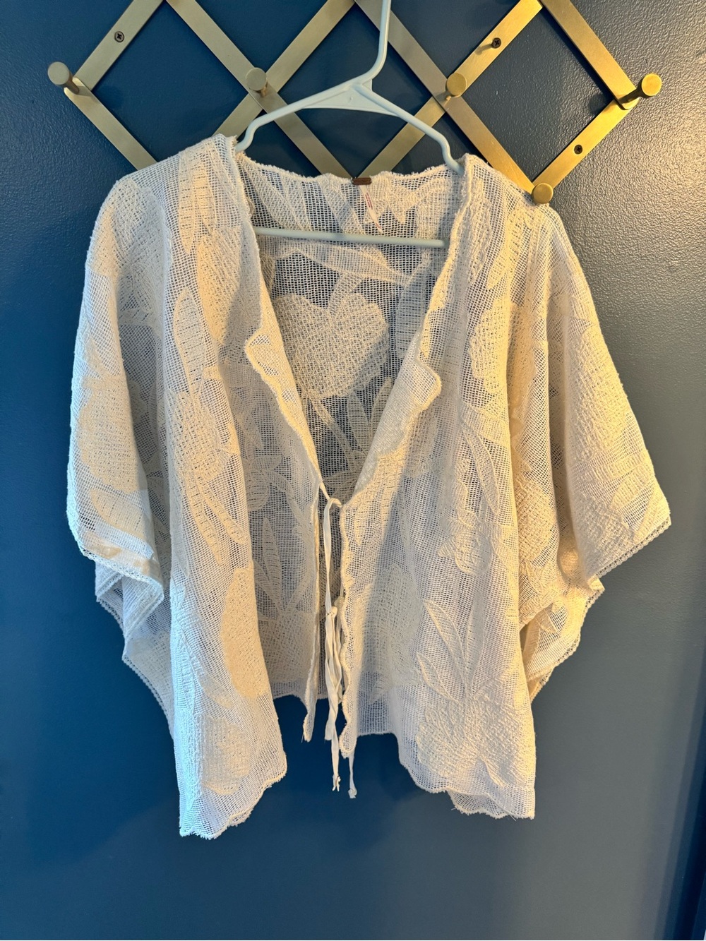Free People Lightweight Cream Crochet Tie-Front Sweater